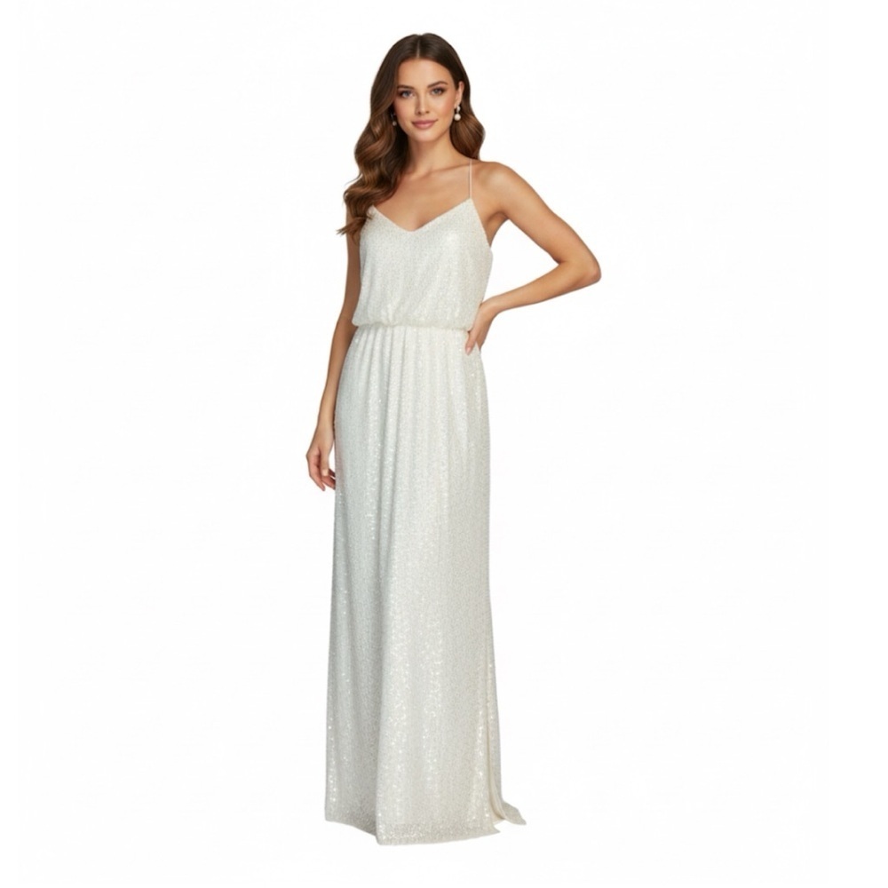 Aidan Mattox White Sequence Long Evening Gown Dress